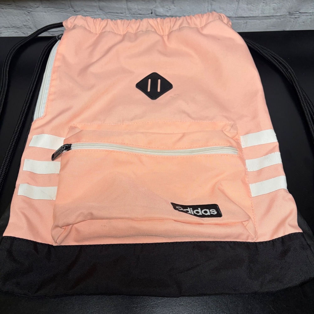 Adidas Drawstring Sackpack Peach Pink Black 3-Stripe Gym Bag 976595-D